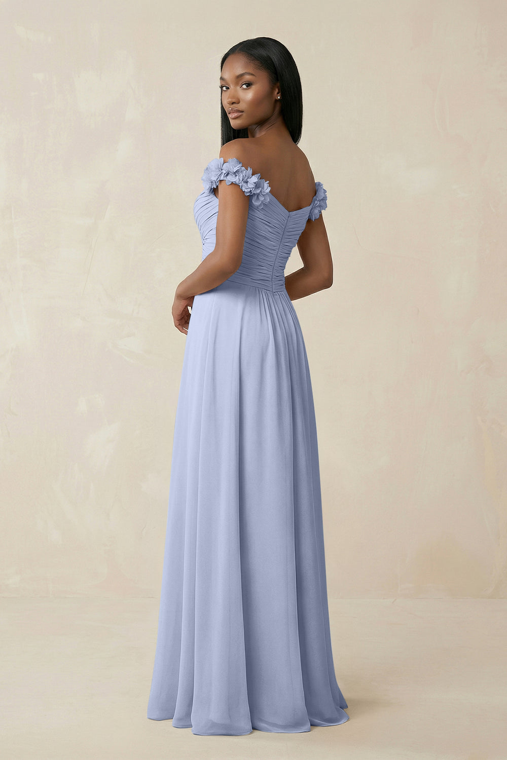 Pleated Off-the-Shoulder A-Line Chiffon Bridesmaid Dress in Ice