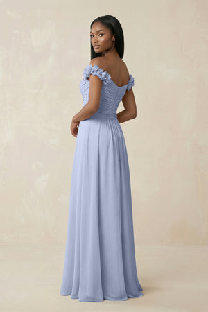 Pleated Off-the-Shoulder A-Line Chiffon Bridesmaid Dress in Ice (2) | KISSBRIDAL