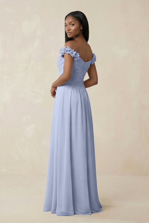 Pleated Off-the-Shoulder A-Line Chiffon Bridesmaid Dress in Ice (2) | KISSBRIDAL