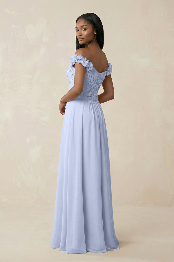 Pleated Off - the - Shoulder A - Line Chiffon Bridesmaid Dress in Ice - SHE IS ME Bridesmaid Dresses