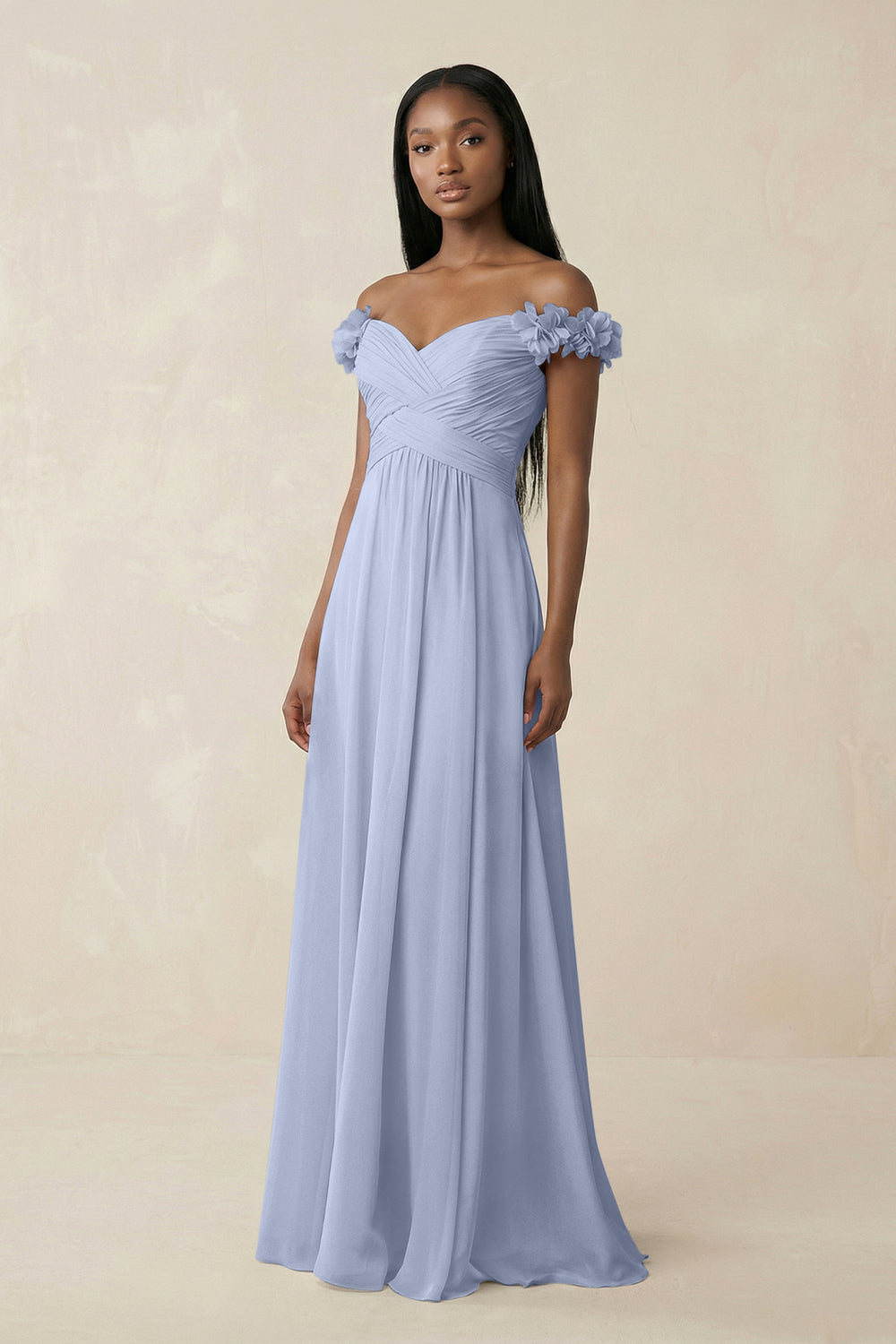 Pleated Off-the-Shoulder A-Line Chiffon Bridesmaid Dress in Ice
