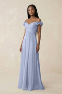 Pleated Off-the-Shoulder A-Line Chiffon Bridesmaid Dress in Ice | KISSBRIDAL