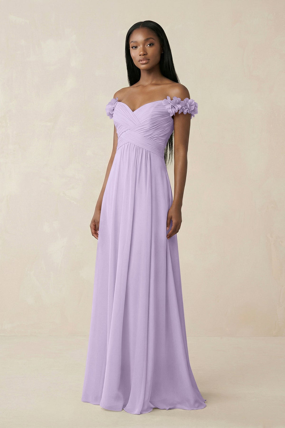 Pleated Off - the - Shoulder A - Line Chiffon Bridesmaid Dress in Lavender - KISS BRIDAL Bridesmaid Dresses