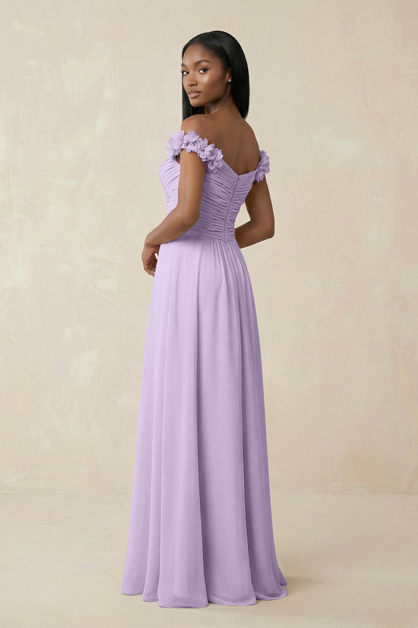 Pleated Off - the - Shoulder A - Line Chiffon Bridesmaid Dress in Lavender - SHE IS ME Bridesmaid Dresses