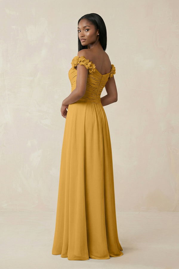 Pleated Off - the - Shoulder A - Line Chiffon Bridesmaid Dress in Marigold - SHE IS ME Bridesmaid Dresses