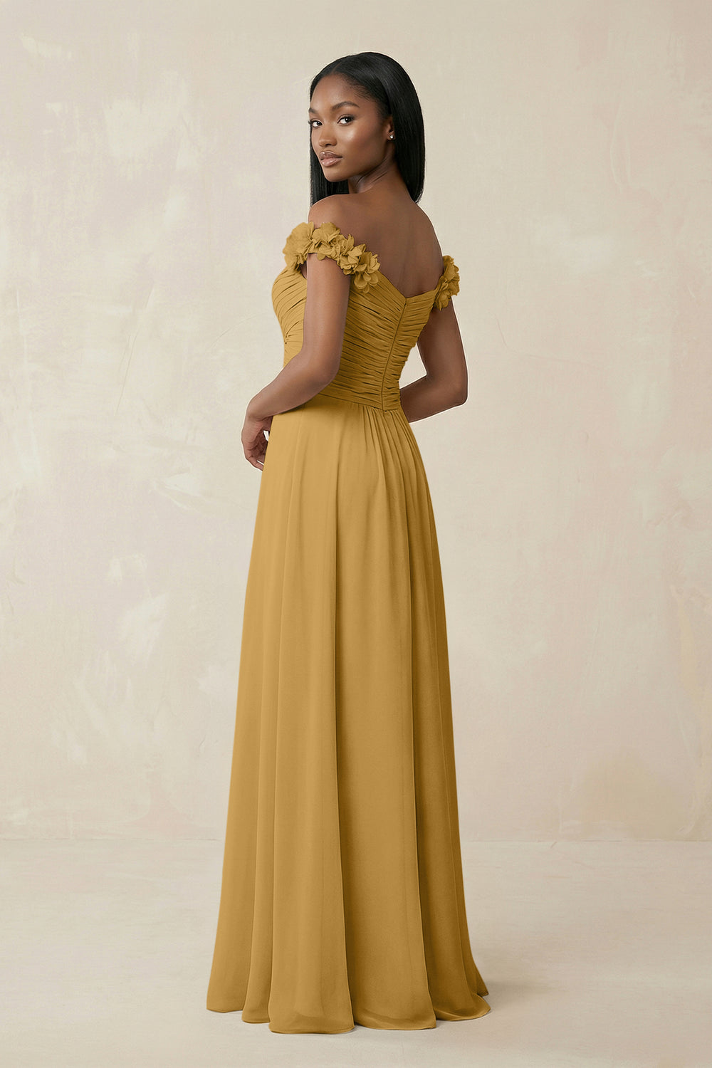 Pleated Off-the-Shoulder A-Line Chiffon Bridesmaid Dress in Marigold