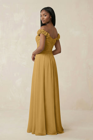 Pleated Off-the-Shoulder A-Line Chiffon Bridesmaid Dress in Marigold (2) | KISSBRIDAL