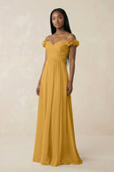 Pleated Off - the - Shoulder A - Line Chiffon Bridesmaid Dress in Marigold - SHE IS ME Bridesmaid Dresses