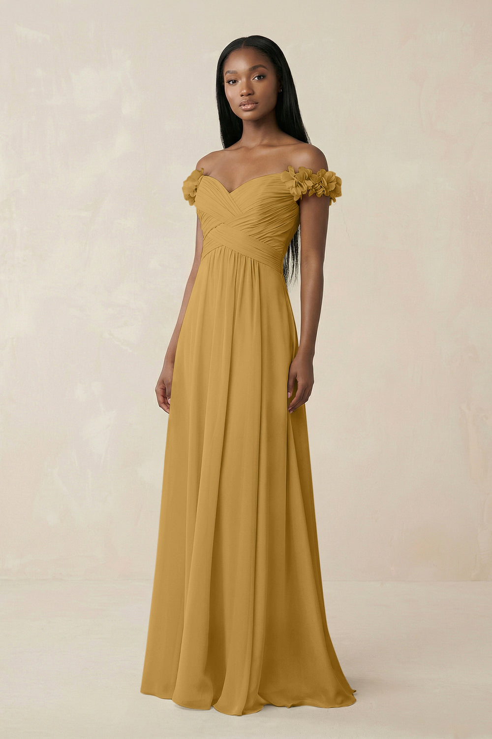 Pleated Off-the-Shoulder A-Line Chiffon Bridesmaid Dress in Marigold