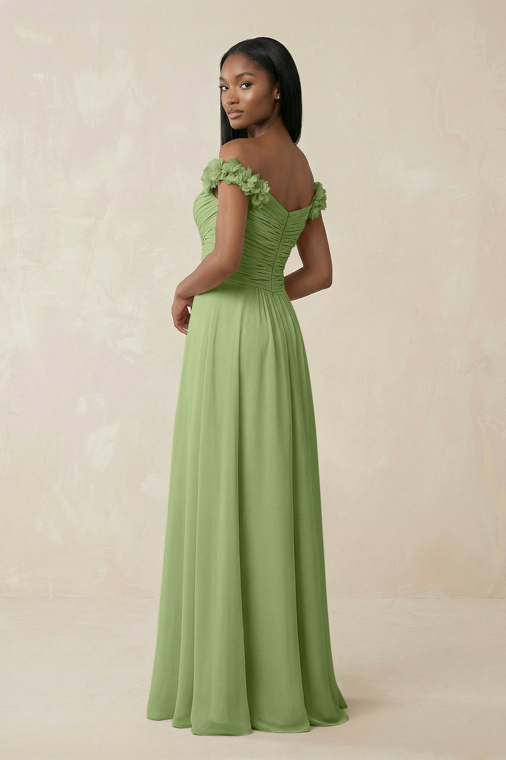 Pleated Off - the - Shoulder A - Line Chiffon Bridesmaid Dress in Matcha - SHE IS ME Bridesmaid Dresses