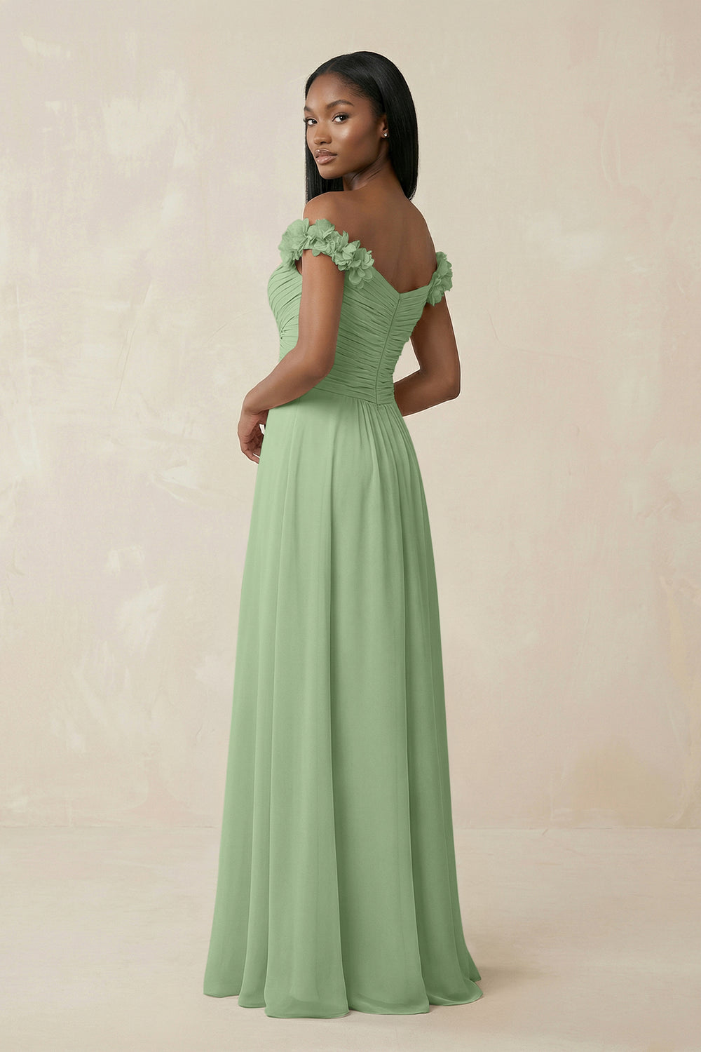 Pleated Off-the-Shoulder A-Line Chiffon Bridesmaid Dress in Matcha