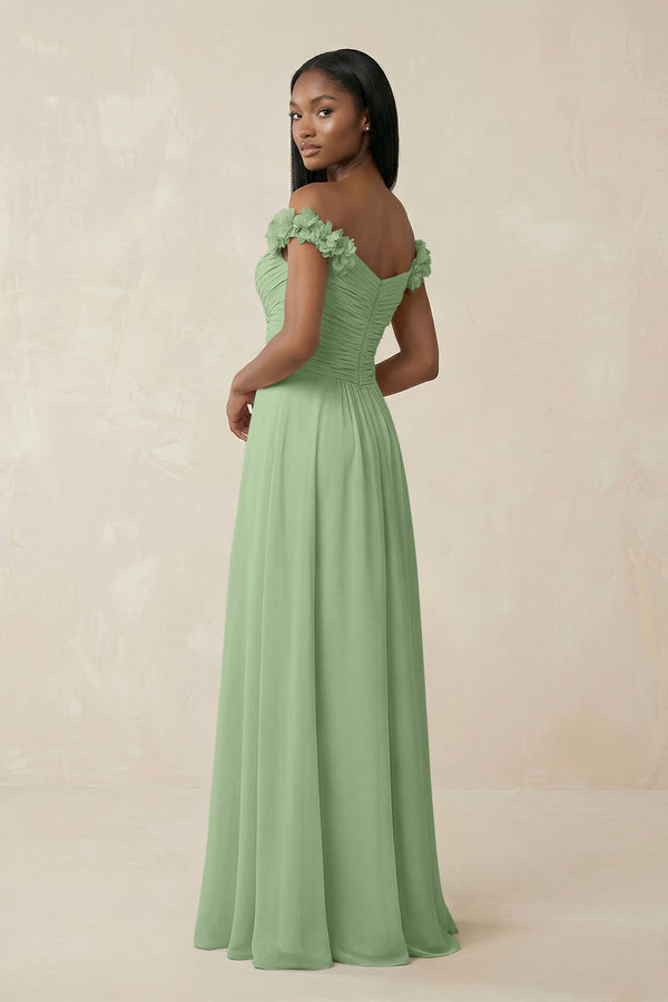 Pleated Off-the-Shoulder A-Line Chiffon Bridesmaid Dress in Matcha (2) | KISSBRIDAL
