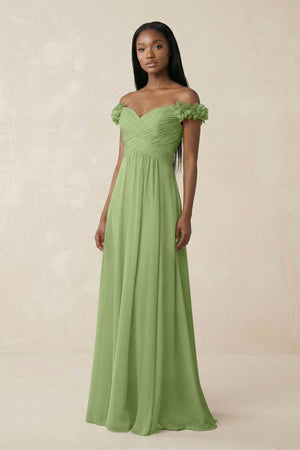 Pleated Off - the - Shoulder A - Line Chiffon Bridesmaid Dress in Matcha - SHE IS ME Bridesmaid Dresses