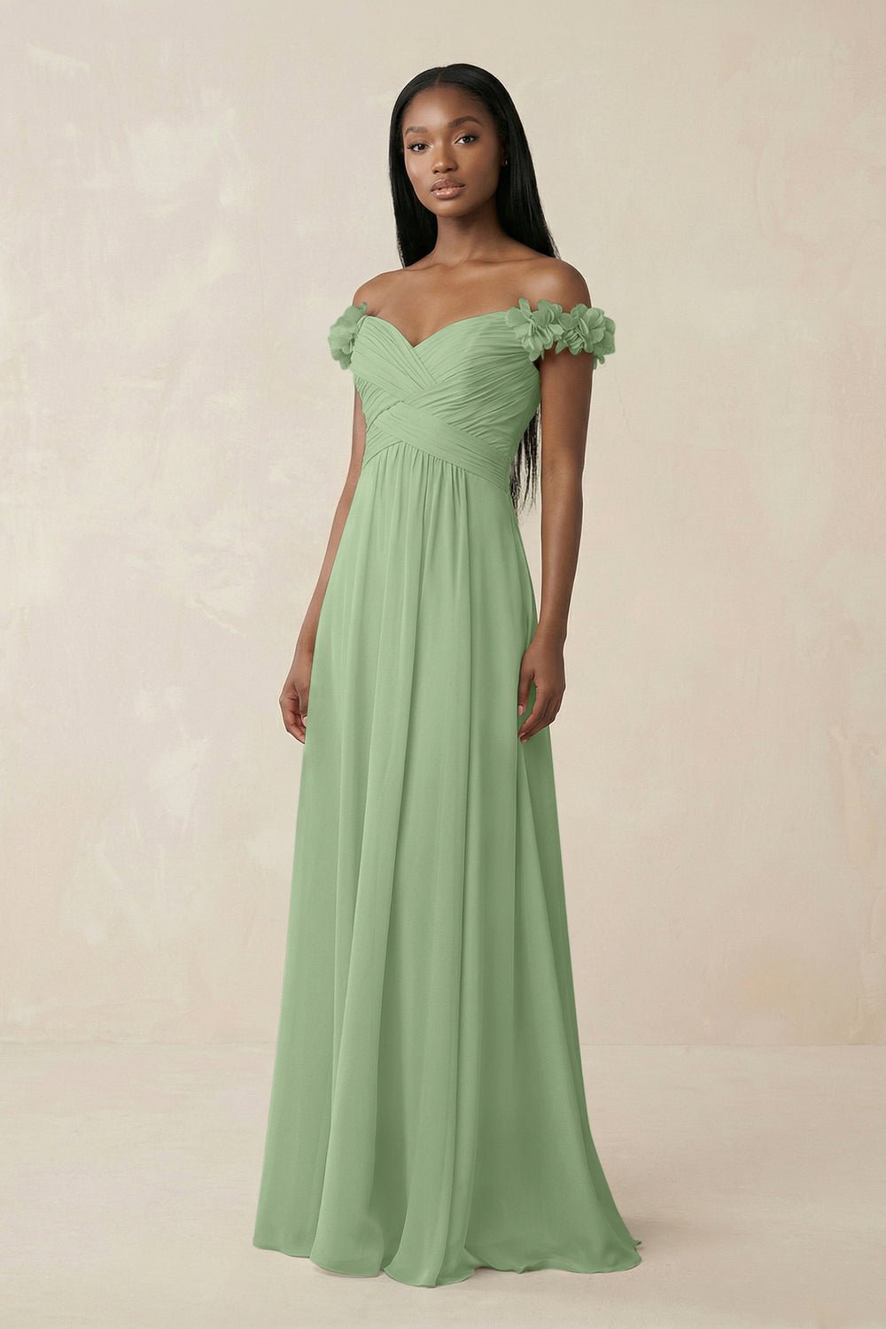 Pleated Off-the-Shoulder A-Line Chiffon Bridesmaid Dress in Matcha