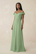 Pleated Off-the-Shoulder A-Line Chiffon Bridesmaid Dress in Matcha | KISSBRIDAL