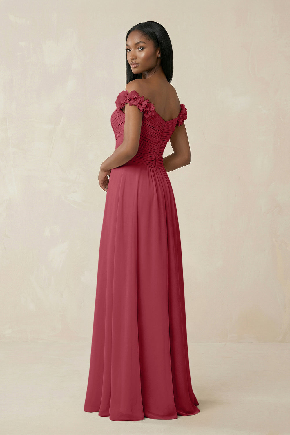 Pleated Off-the-Shoulder A-Line Chiffon Bridesmaid Dress in Merlot
