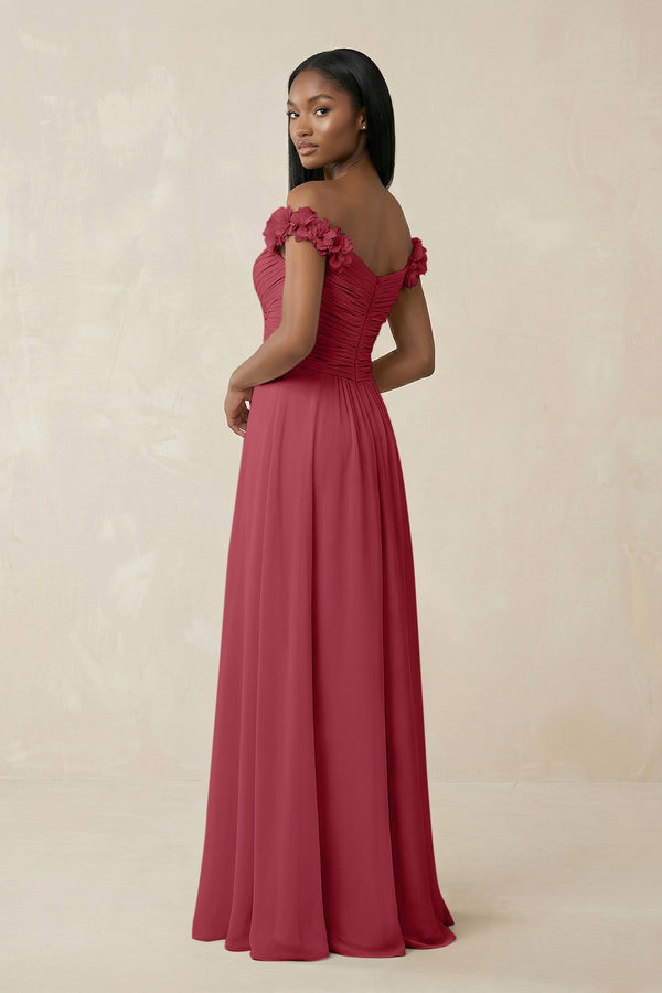 Pleated Off-the-Shoulder A-Line Chiffon Bridesmaid Dress in Merlot (2) | KISSBRIDAL