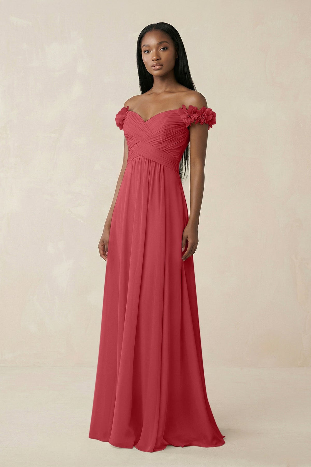 Pleated Off - the - Shoulder A - Line Chiffon Bridesmaid Dress in Merlot - SHE IS ME Bridesmaid Dresses