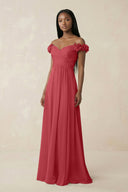 Pleated Off - the - Shoulder A - Line Chiffon Bridesmaid Dress in Merlot - SHE IS ME Bridesmaid Dresses