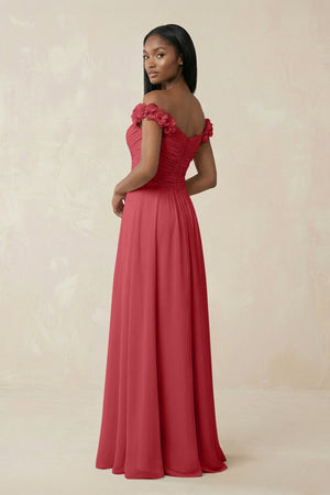 Pleated Off - the - Shoulder A - Line Chiffon Bridesmaid Dress in Merlot - SHE IS ME Bridesmaid Dresses