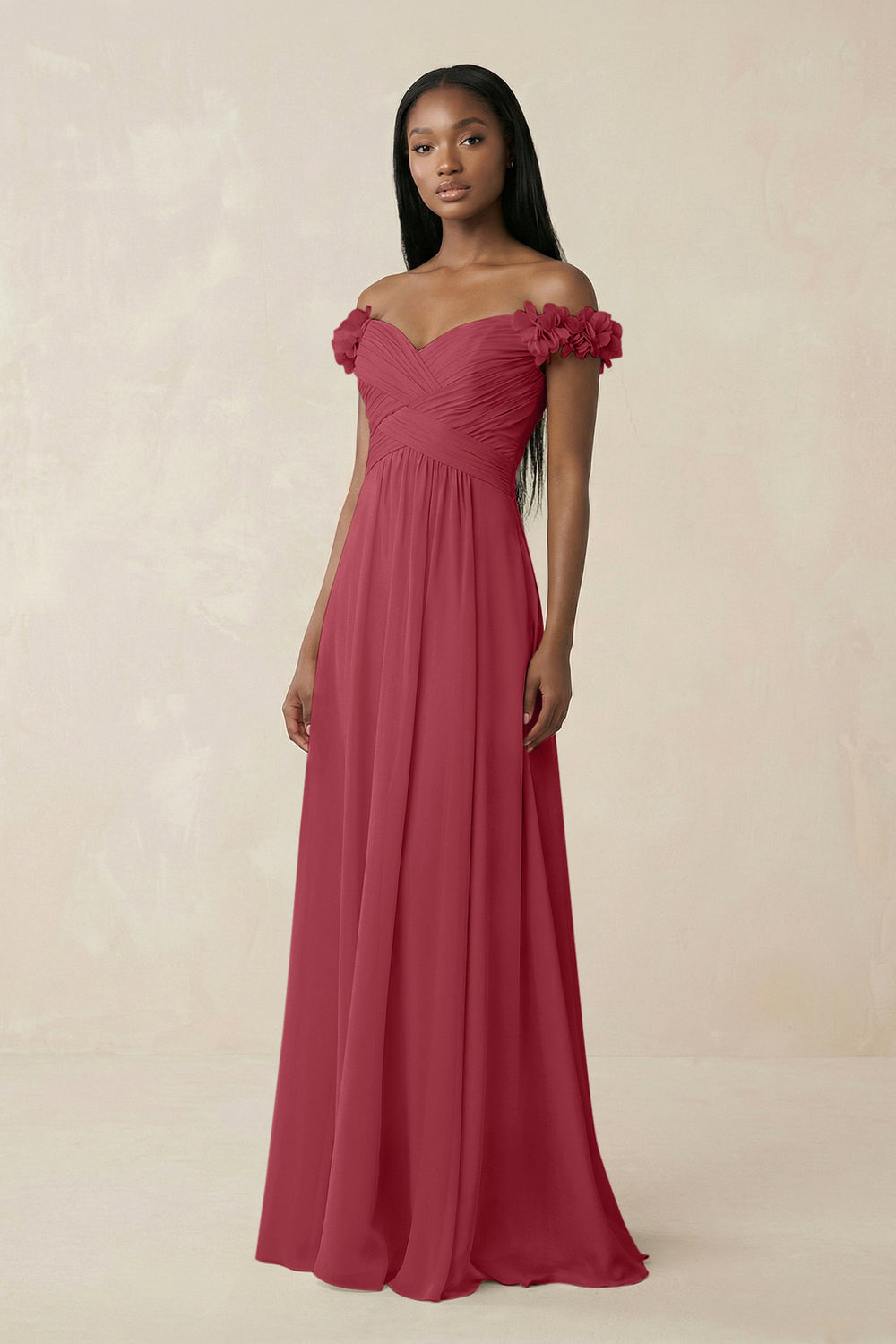 Pleated Off-the-Shoulder A-Line Chiffon Bridesmaid Dress in Merlot