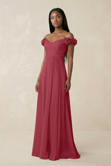 Pleated Off-the-Shoulder A-Line Chiffon Bridesmaid Dress in Merlot | KISSBRIDAL