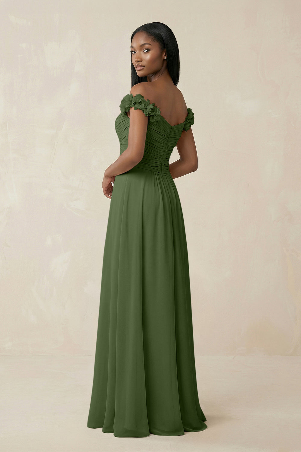 Pleated Off-the-Shoulder A-Line Chiffon Bridesmaid Dress in Moss