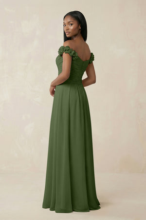 Pleated Off-the-Shoulder A-Line Chiffon Bridesmaid Dress in Moss (2) | KISSBRIDAL