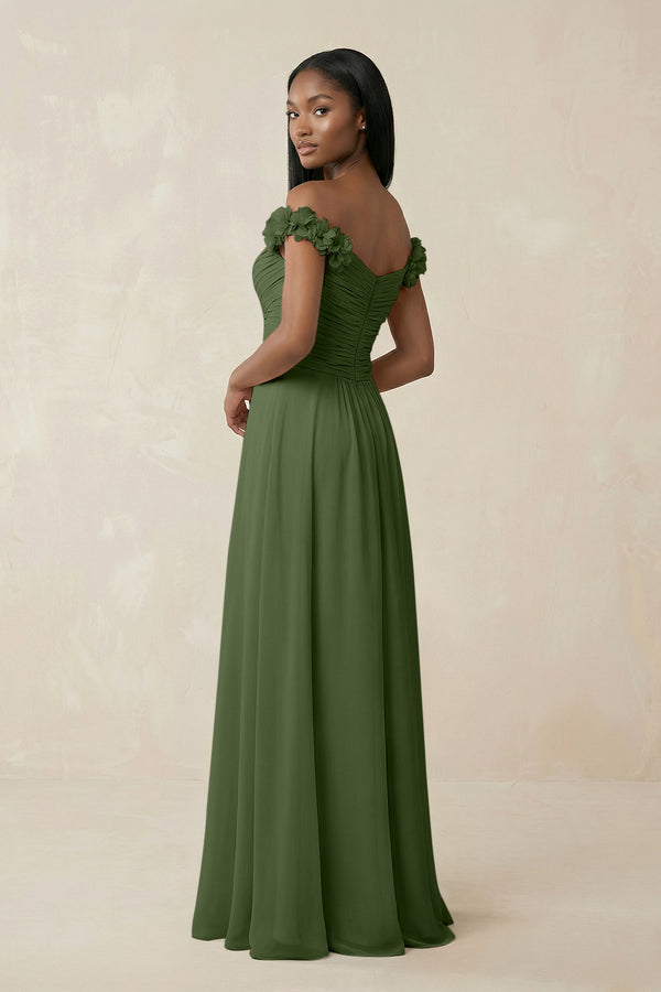 Pleated Off-the-Shoulder A-Line Chiffon Bridesmaid Dress in Moss (2) | KISSBRIDAL