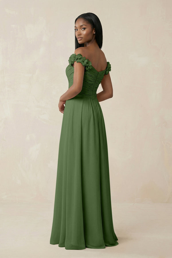 Pleated Off - the - Shoulder A - Line Chiffon Bridesmaid Dress in Moss - SHE IS ME Bridesmaid Dresses