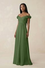 Pleated Off - the - Shoulder A - Line Chiffon Bridesmaid Dress in Moss - KISS BRIDAL Bridesmaid Dresses