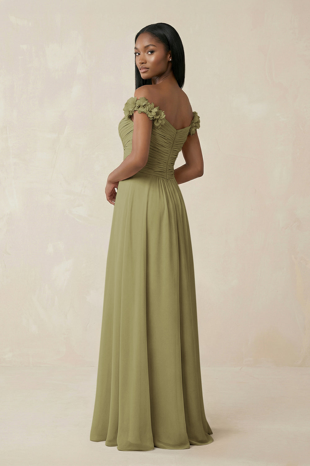 Pleated Off-the-Shoulder A-Line Chiffon Bridesmaid Dress in Moss Green