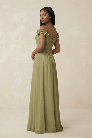 Pleated Off-the-Shoulder A-Line Chiffon Bridesmaid Dress in Moss Green (2) | KISSBRIDAL