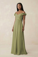 Pleated Off - the - Shoulder A - Line Chiffon Bridesmaid Dress in Moss Green - SHE IS ME Bridesmaid Dresses