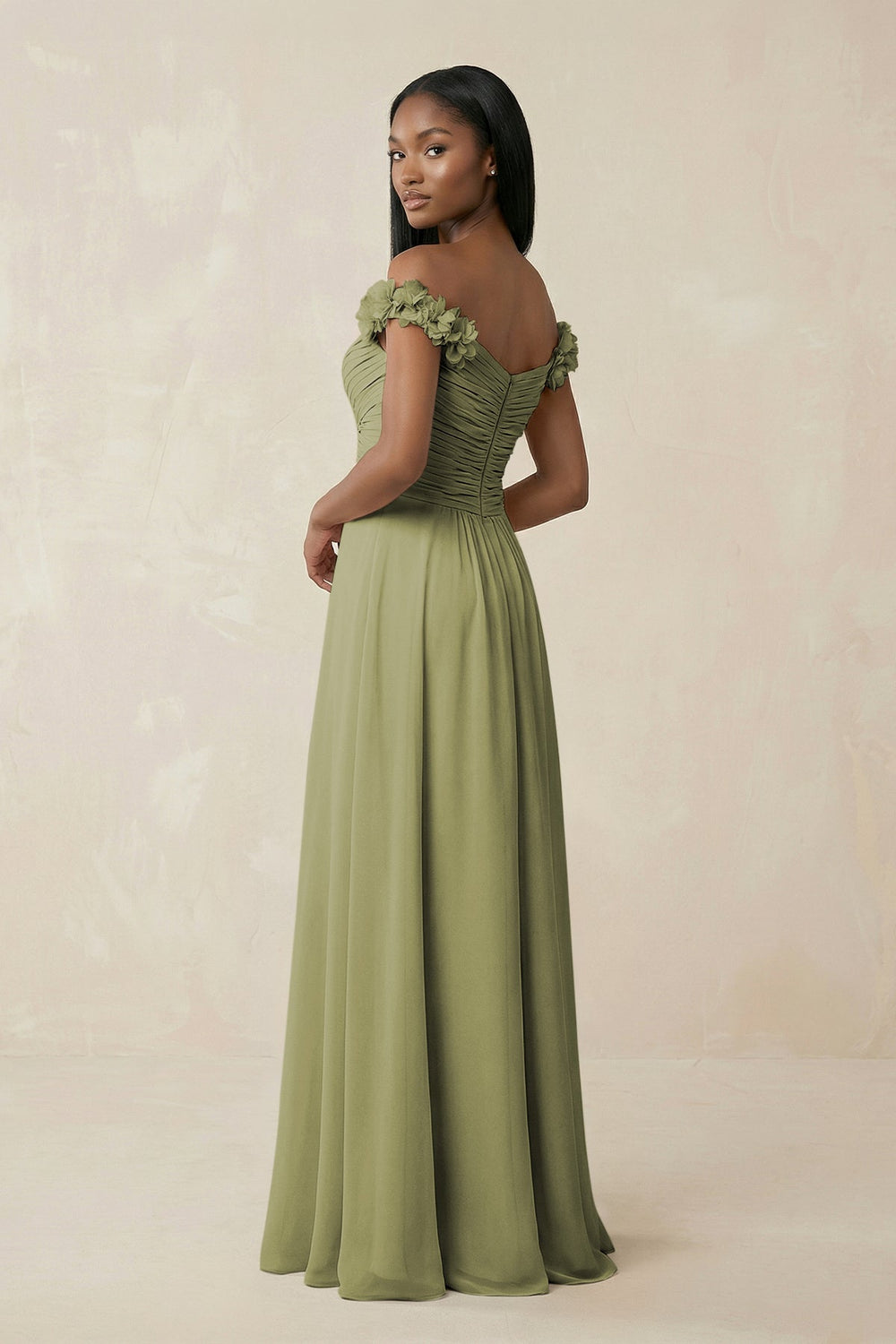 Pleated Off - the - Shoulder A - Line Chiffon Bridesmaid Dress in Moss Green - SHE IS ME Bridesmaid Dresses