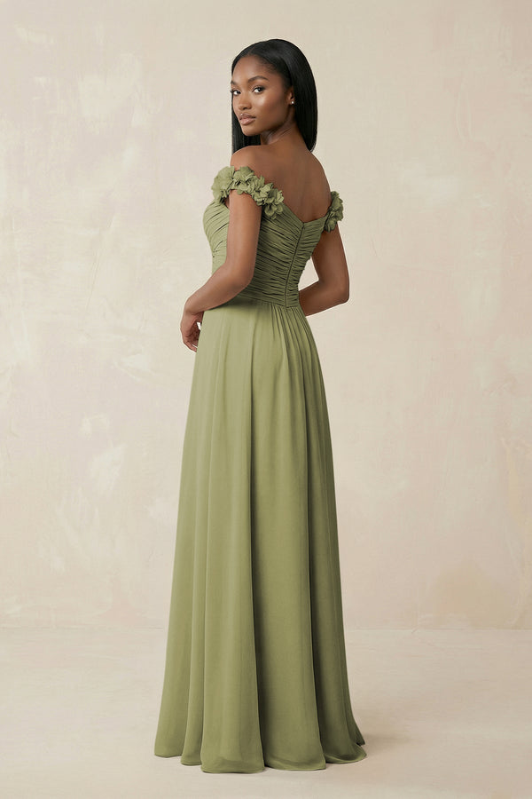 Pleated Off - the - Shoulder A - Line Chiffon Bridesmaid Dress in Moss Green - SHE IS ME Bridesmaid Dresses