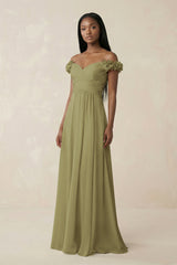Pleated Off-the-Shoulder A-Line Chiffon Bridesmaid Dress in Moss Green | KISSBRIDAL