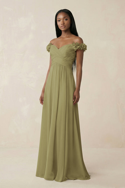Pleated Off-the-Shoulder A-Line Chiffon Bridesmaid Dress in Moss Green | KISSBRIDAL