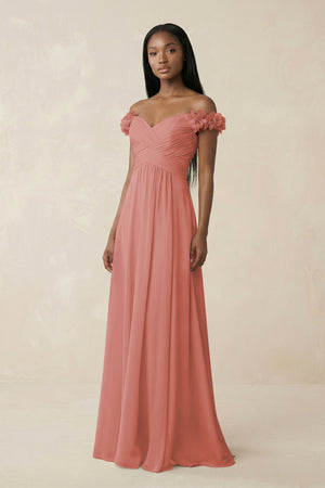Pleated Off-the-Shoulder A-Line Chiffon Bridesmaid Dress in Mulberry | KISSBRIDAL