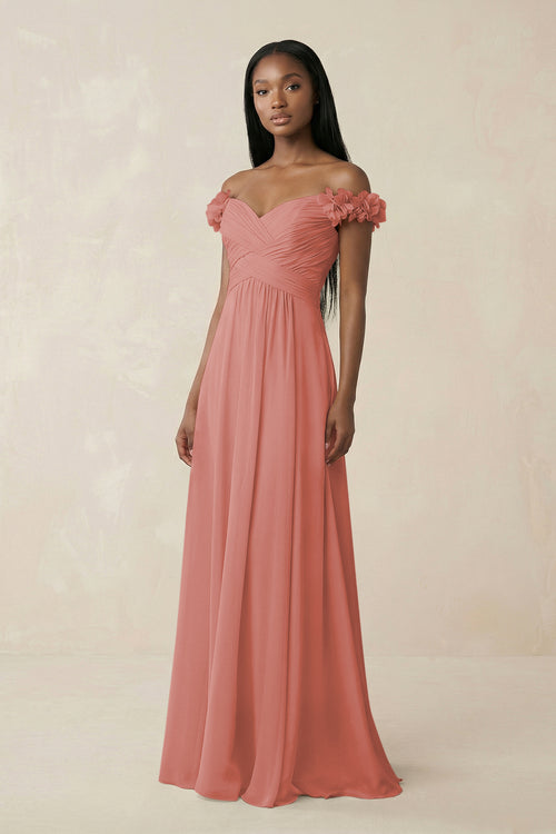 Pleated Off-the-Shoulder A-Line Chiffon Bridesmaid Dress in Mulberry | KISSBRIDAL