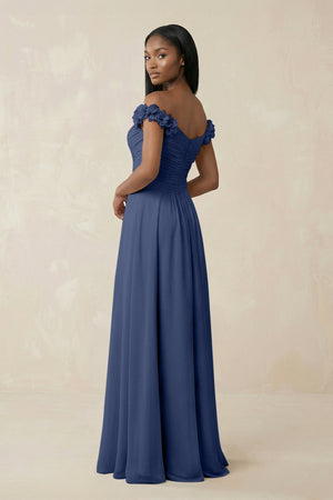 Pleated Off - the - Shoulder A - Line Chiffon Bridesmaid Dress in Navy - SHE IS ME Bridesmaid Dresses