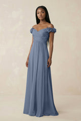Pleated Off - the - Shoulder A - Line Chiffon Bridesmaid Dress in Neptune - KISS BRIDAL Bridesmaid Dresses