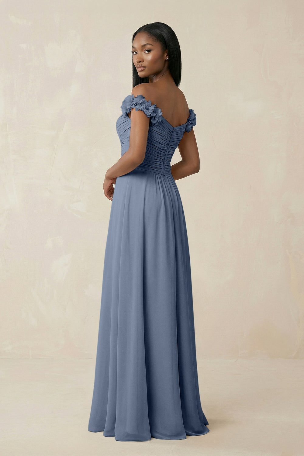 Pleated Off - the - Shoulder A - Line Chiffon Bridesmaid Dress in Neptune - SHE IS ME Bridesmaid Dresses