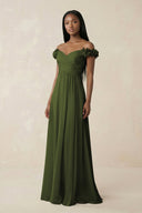 Pleated Off - the - Shoulder A - Line Chiffon Bridesmaid Dress in Olive - SHE IS ME Bridesmaid Dresses