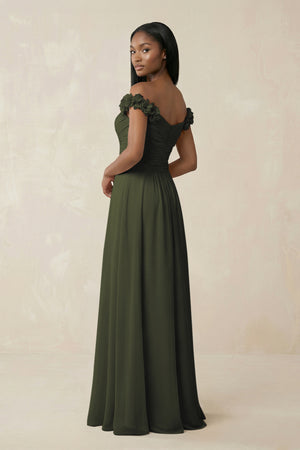 Pleated Off-the-Shoulder A-Line Chiffon Bridesmaid Dress in Olive (2) | KISSBRIDAL