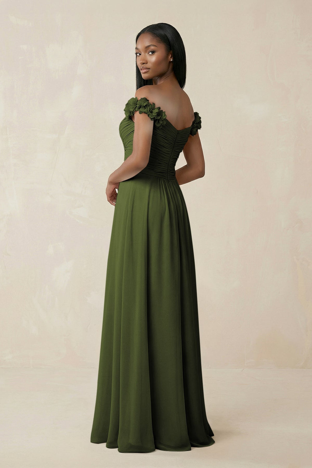 Pleated Off - the - Shoulder A - Line Chiffon Bridesmaid Dress in Olive - SHE IS ME Bridesmaid Dresses