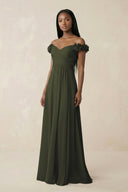 Pleated Off-the-Shoulder A-Line Chiffon Bridesmaid Dress in Olive | KISSBRIDAL