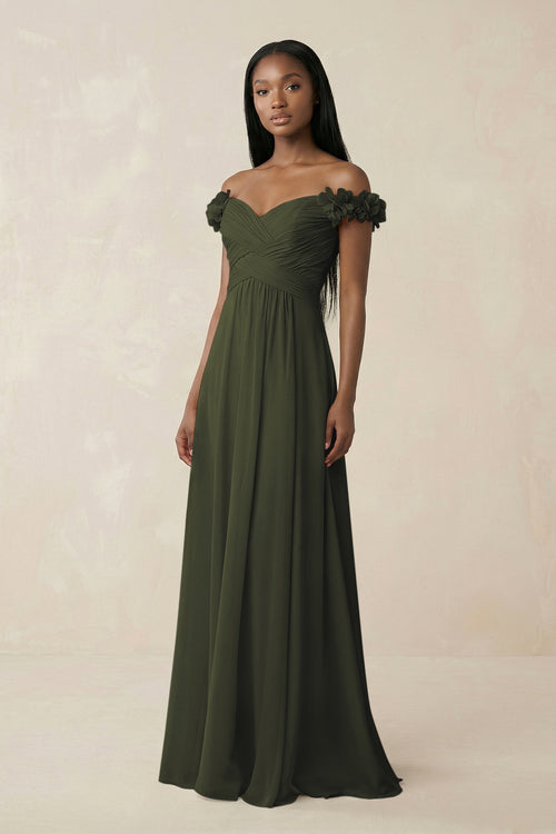 Pleated Off-the-Shoulder A-Line Chiffon Bridesmaid Dress in Olive | KISSBRIDAL