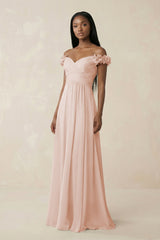 Pleated Off - the - Shoulder A - Line Chiffon Bridesmaid Dress in Pale Blush - KISS BRIDAL Bridesmaid Dresses