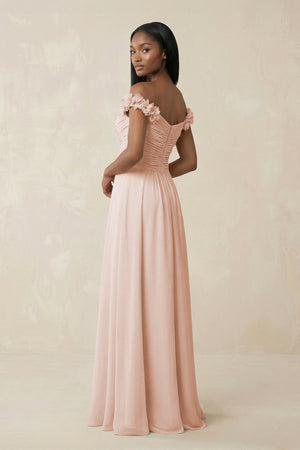 Pleated Off - the - Shoulder A - Line Chiffon Bridesmaid Dress in Pale Blush - SHE IS ME Bridesmaid Dresses